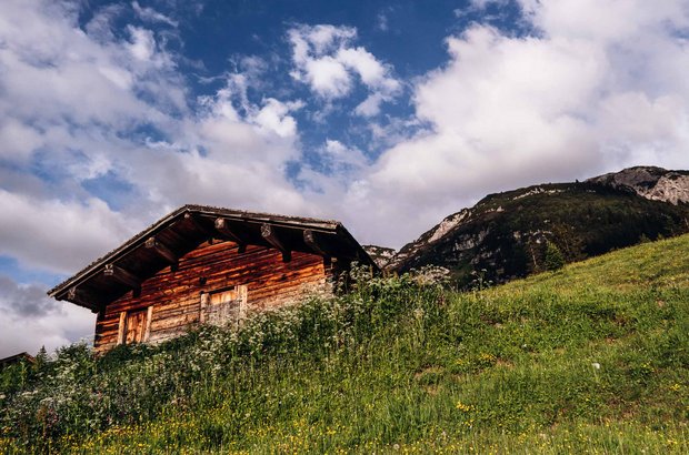 Lech Hütte Eine Hütte in einer Wiese.