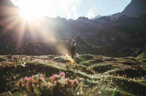 Sommer in Lech Strahlender Sonnenschein trifft auf eine Almwiese über die gerade eine Frau spaziert.