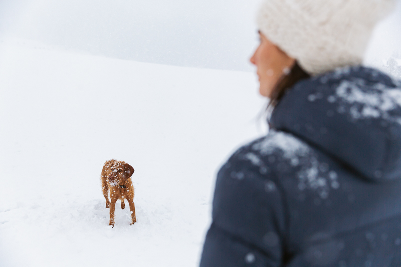 Frau mit Hund im Schnee